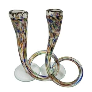 Vintage Candlesticks Hand Blown Michael Hudson Twisted Glass Confetti Set of 2